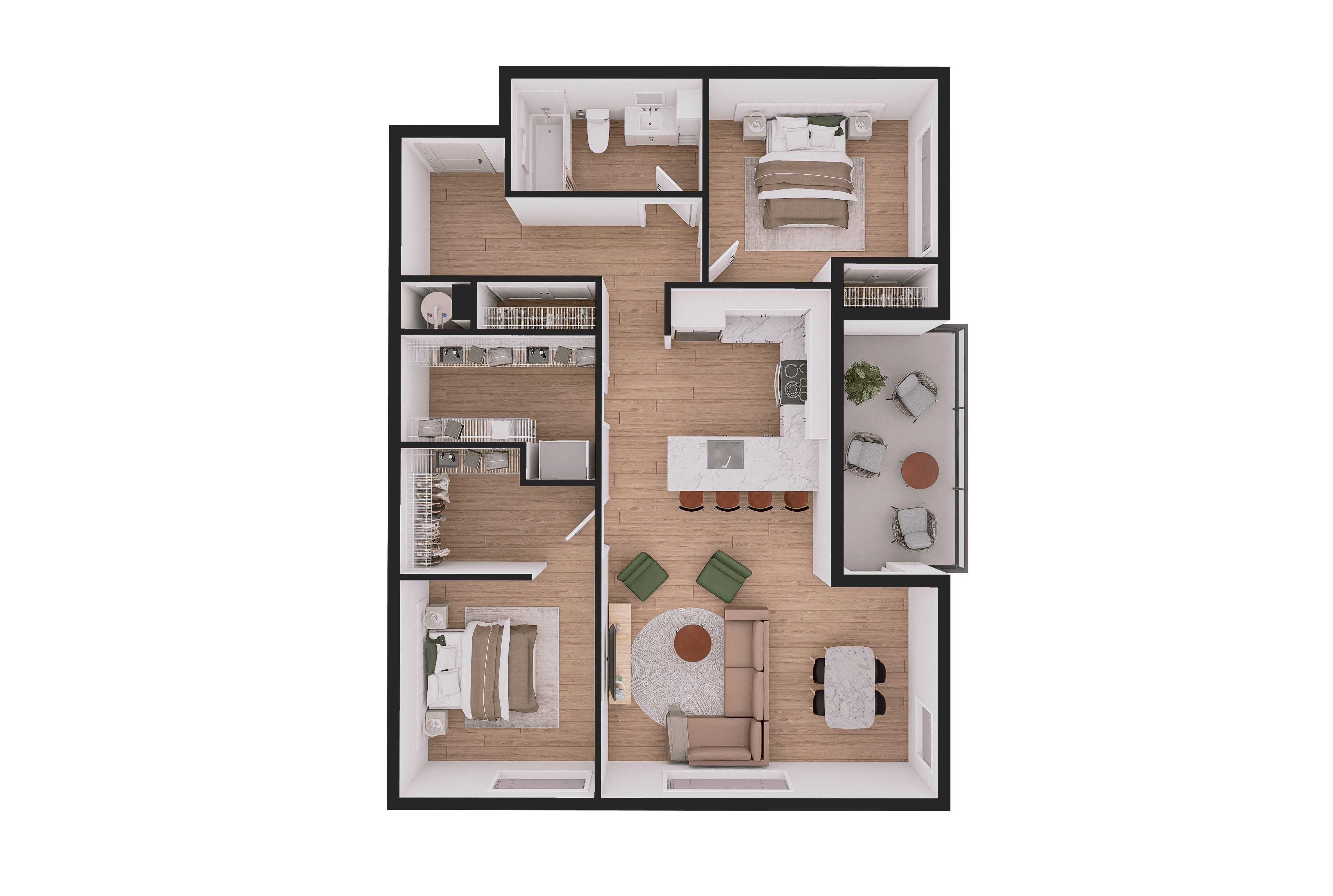 Floor plan for 2 beds, 1 bath, 961 sqft